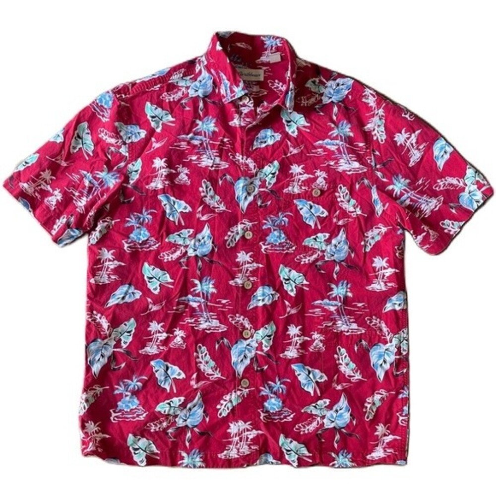 Caribbean Red Hawaiian Palm Leaves Tress 3 Pockets Zip Cotton Blend Men's Shirt